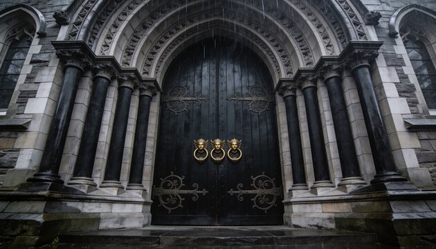 Displaying pair of tall black double doors standing within Gothic stone portal, with lion knockers