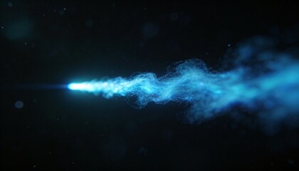 Fototapeta premium Flowing cyan particle stream twisting across black void with bright emission point and bokeh specks
