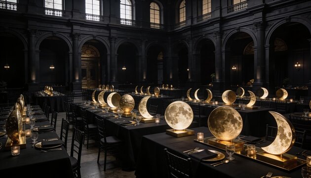 Glowing moon disc and crescent sculptures casting warm light along banquet tables in historic hall