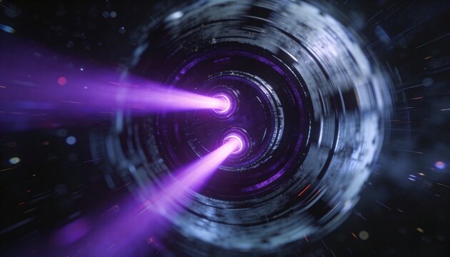 Projecting twin circular emitters firing violet beams through concentric tunnel, scattering sparks