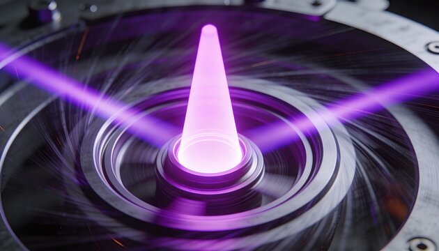 Spinning glowing purple cone on spindle with concentric rings in lab, emitting lasers and sparks