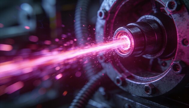 Projecting laser emitter sending pink beam in lab with flange, conduits, sparks, copy space