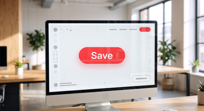 Computer monitor displaying a red save button on a software interface. Digital workflow and data management concept