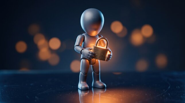 Security Guardian: A figurine cradles a shining padlock, symbolizing protection, and guarding sensitive information in the digital age. This visual captures concepts of safety, privacy.