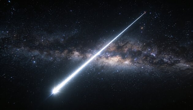 Streaking bright meteor with white-blue flare cutting diagonally across night sky, Milky Way core