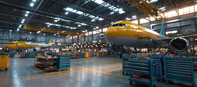 Aircraft maintenance hangar with unbranded planes and tool carts in daylight