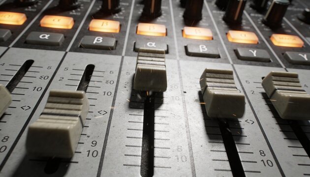 Focusing central channel fader assembly in studio, revealing grooved caps and backlit buttons