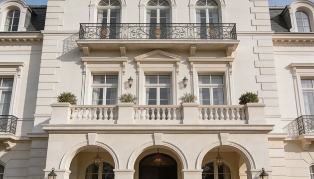 Showcasing mansion facade facing street, featuring three arched entrances, double door, chandelier