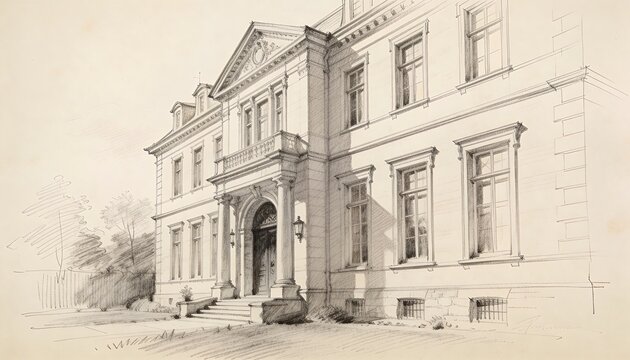 Rendering classical mansion front in pencil ink, showing portico columns arched door stone steps