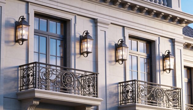Displaying two ornate iron balconies with French windows on street, facade showing wall lanterns