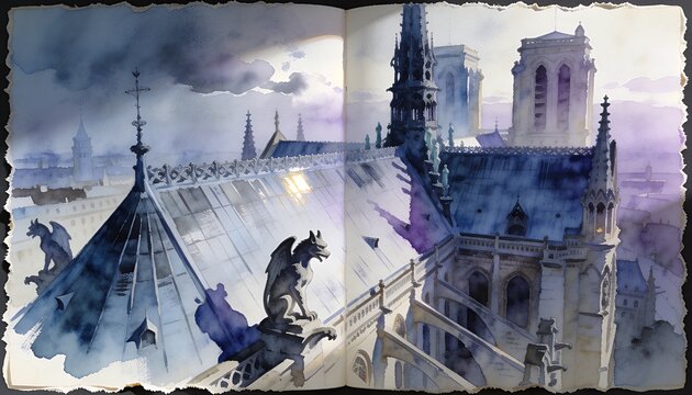 Depicting central Gothic roof section at high rooftop vantage, with stone gargoyle and spires