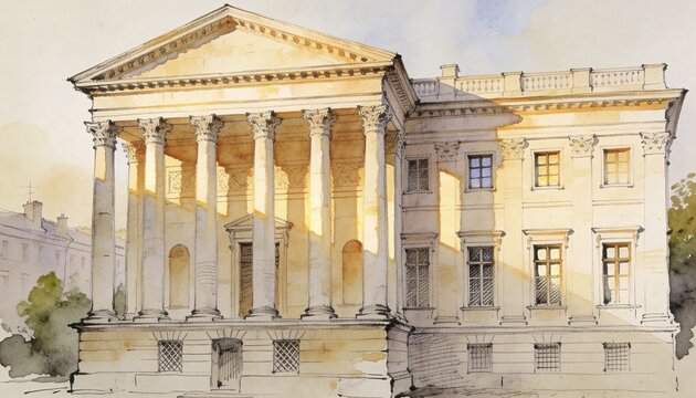 Depicting neoclassical facade facing plaza with six Corinthian columns, pediment, ink washes