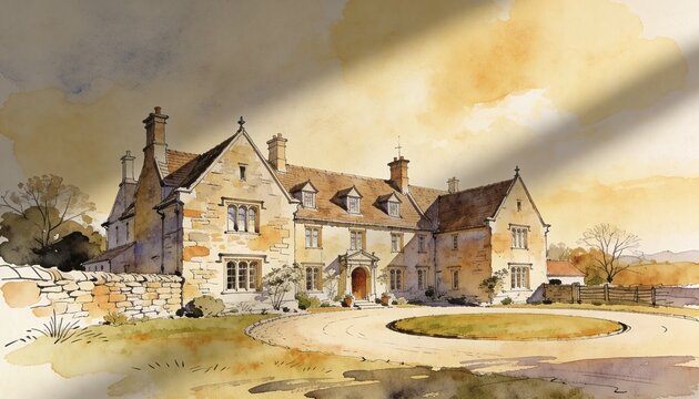 Illustrating large stone manor sitting behind circular driveway at country estate, with chimneys