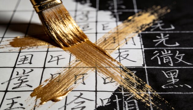 Laying flat tip calligraphy brush painting metallic gold cross on grid practice sheet dark backing