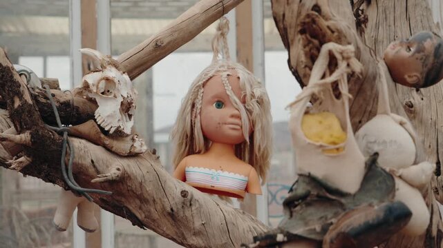 Creepy disembodied doll head hanging from a tree in an abandoned greenhouse. Skull, old shoes and other debris are visible. Strange, eerie,