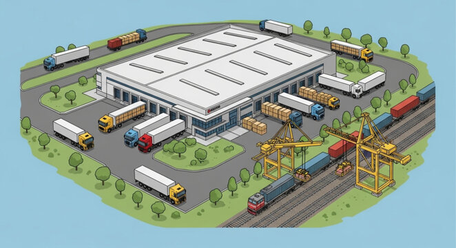 Modern Logistics Warehouse with Trucks and Trains.