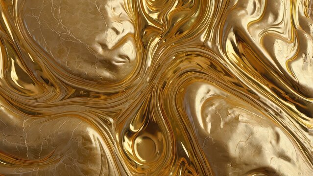 Close-up of gold liquid marble texture with swirling patterns and reflective surface