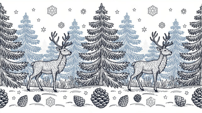 Two deer standing in snowy forest.