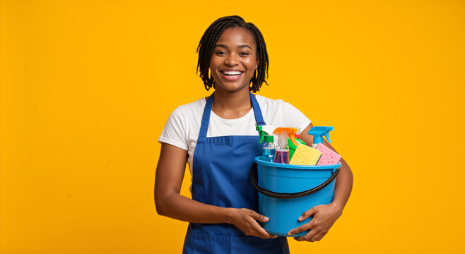 Smiling Black female cleaner holding a bucket of cleaning supplies. Professional housekeeper in blue apron against a yellow background. Commercial cleaning service concept