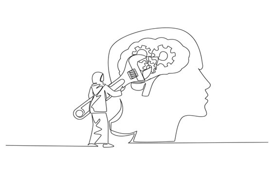 Personer bygger og reparerer tanker i en hjerne med verkt&oslash;y og tannhjul with mentale prosesser forst else mentalt arbeid l sning verkt y skiften kkel sort hvitt line art konseptuell illustr