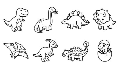 Kawaii dinosaur cartoon characters vector illustration set 8 items bold black and white outline for stickers and KDP featuring T-Rex Triceratops and Brachiosaurus © Mdsahag