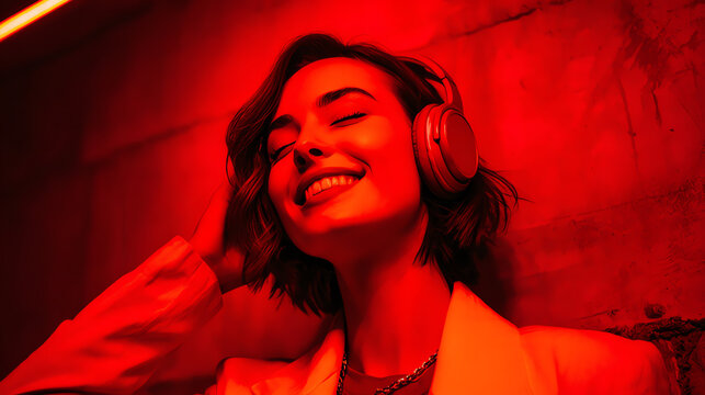 Close-up of a joyful woman enjoying music with headphones in a vibrant red-lit environment.