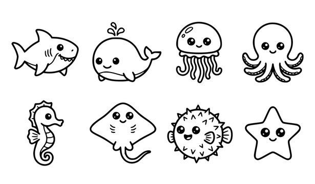 Cute sea creatures cartoon characters vector illustration set 8 items bold black and white outline for KDP coloring book and stickers of shark whale and octopus