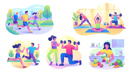 Naklejka premium People engaging in various fitness activities.