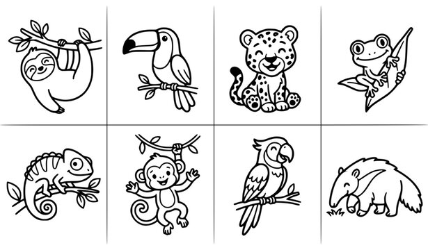 Kawaii rainforest animals cartoon characters vector illustration set 8 items bold black and white outline for stickers and KDP featuring sloth toucan and frog