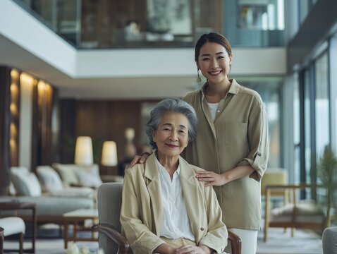 Senior woman and adult daughter sharing tea family connection concept