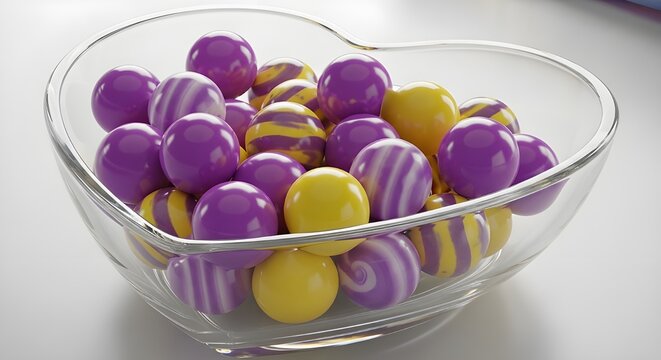Heart-shaped bowl filled with purple and yellow striped gumballs and solid gumballs