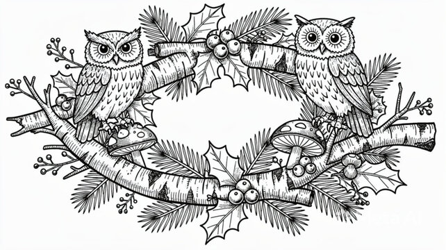Two owls sitting on a branch.