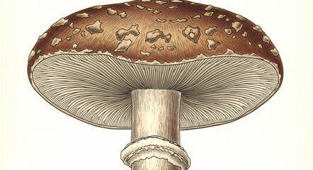 Detailed illustration of a brown mushroom with white gills and stem. © Refa