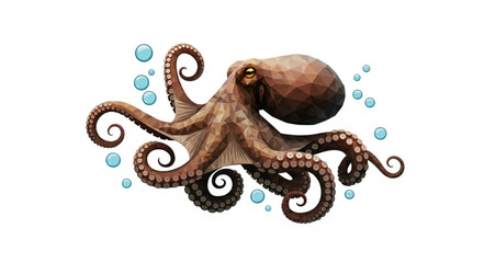 Detailed illustration of a brown octopus with curled tentacles and bubbles. © Refa