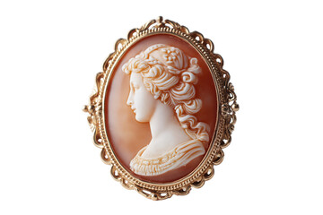 Naklejka premium intricately designed antique cameo brooch with gold frame isolated on transparent background