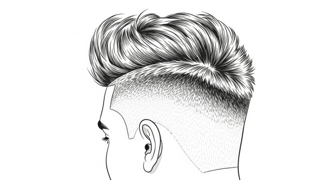 Detailed illustration of a modern fade haircut on a mans head.