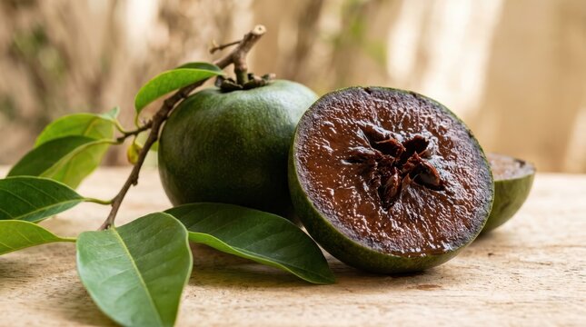 Green sapote fruit halved and whole on wooden surface