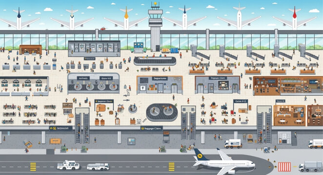 Detailed illustration of a busy airport terminal interior and exterior.