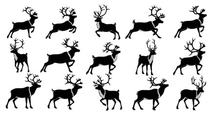 Collection of black reindeer silhouettes in various running poses on white background for christmas or wildlife designs © Pabitra