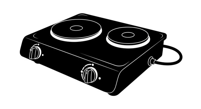 Electric stove cooktop with two burners and knobs on white background for kitchen cooking