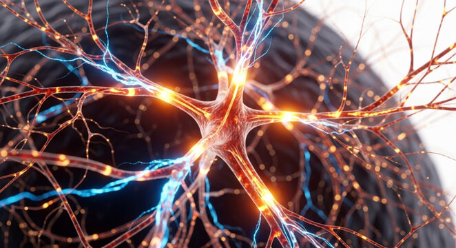 Detailed illustration of a human neuron with glowing synapses and electrical impulses.