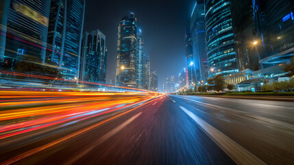 Fototapeta premium Vibrant cityscape at night with dynamic light trails from traffic and towering skyscrapers under the night sky.