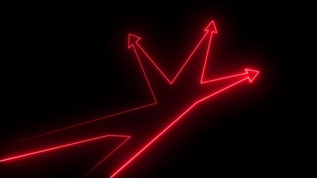 Glowing neon businessman standing in front of a crossroad with road split in three different ways as arrows. vector illustration