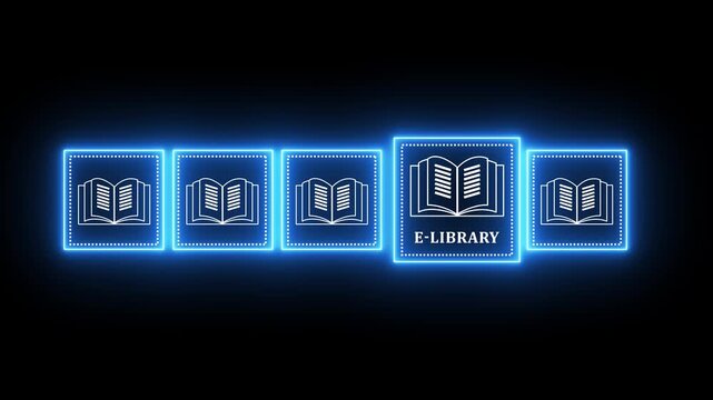 E-library concept. Glowing neon virtual Ebook icons for electronic books online, knowledge base on internet, digital library or e-library.4k motion graphics video