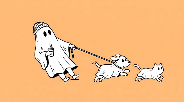 The ghost is leading a ghost dog on a leash. The dog is chasing a ghost cat.