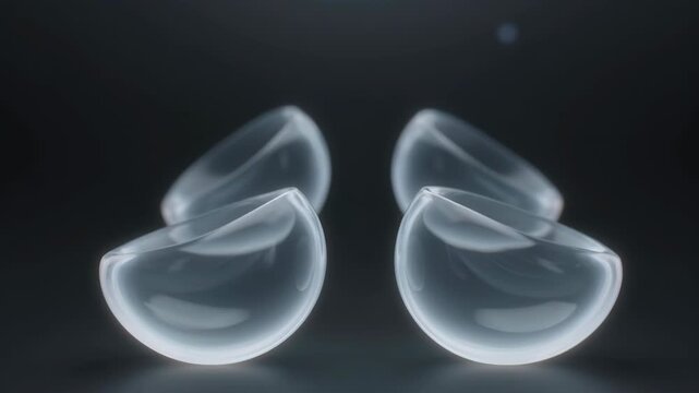 Microscopic biological cell dividing into four parts during mitosis process, 3D abstract animation of cellular regeneration and growth