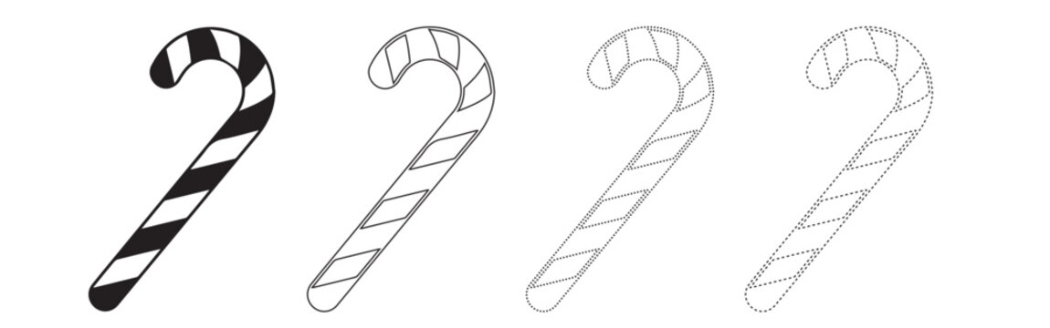 Candy cane stripe pattern in a row from solid black and white to outline and dotted lines line art christmas confectionery doodling template