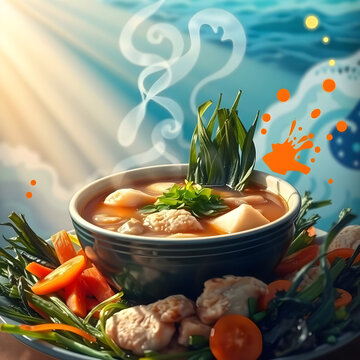 Escena gastron&oacute;mica realista de sopa marina y confort