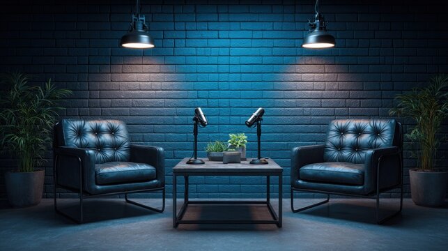Modern podcast studio setup with two leather chairs and microphones for interviews
