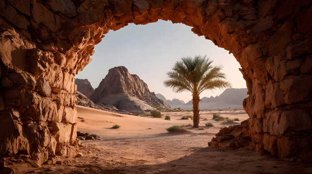 Ancient stone archway framing a solitary palm tree in the vast desert landscape